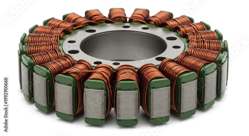 Close-up of a motorcycle stator with copper windings and green insulators arranged in a circular pattern against a clean white background, showcasing its intricate design and construction