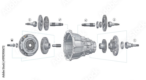 Detailed technical diagram showcasing the exploded view of a car's transmission system, with individual components labeled numerically, rendered in a monochrome palette against a clean