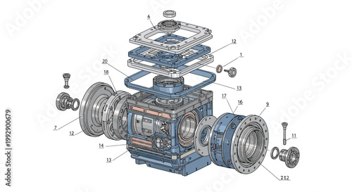 Detailed technical drawing of a complex gearbox mechanism with labeled parts in an exploded view, rendered with a blue and white color scheme and precise linework on a clean white