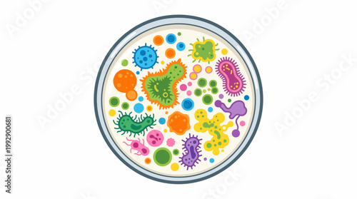 A colorful petri dish filled with various vibrant microbes and bacteria.