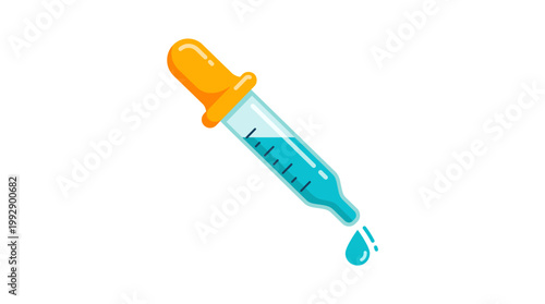 A dropper drips blue liquid from its orange tip downwards.