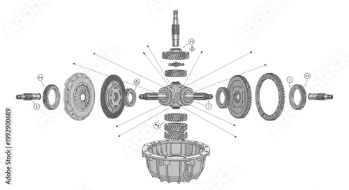 A detailed technical illustration of a disassembled mechanical transmission system, presented with a clean, bright aesthetic and a symmetrical composition against a stark white background