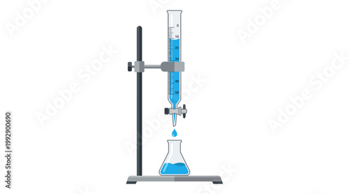 Laboratory equipment setup for titration with burette and Erlenmeyer flask on a metal stand