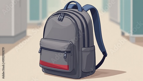 Gray school backpack in a bright hallway with a clean modern design