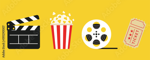 Cinema Movie Icons Set with Clapperboard, Popcorn, Film Reel and Ticket on Yellow Background, Flat Vector Illustration