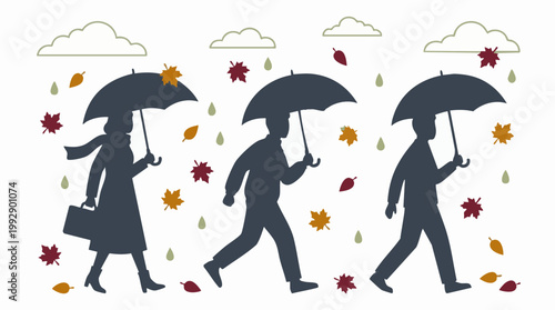 People with umbrellas walking in autumn rain with falling leaves