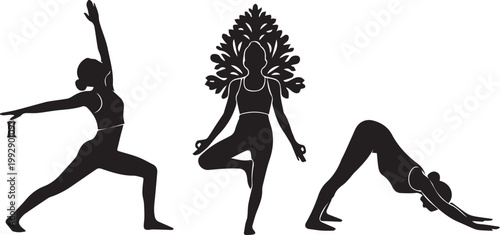 Celebrating yoga day silhouette illustrations of diverse yoga poses for wellness