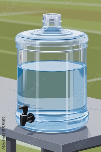 Sideline water jug on a sports bench with clear blue hydration container