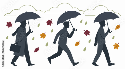 Silhouettes of men with umbrellas walking through autumn rain with leaves