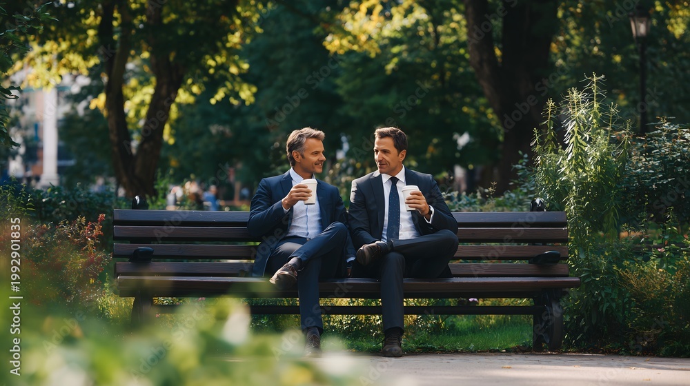 Fototapeta premium Two businessmen talking on park bench with coffee, casual meeting and business discussion outdoors