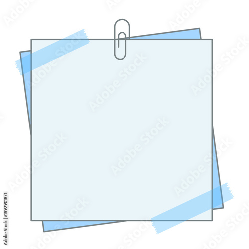Blank blue sticky notes with a metal paperclip and masking tape, perfect for messages, reminders, or design elements, isolated on white background