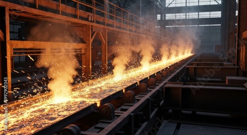 Molten metal sheet moving along rollers in a steamy industrial setting