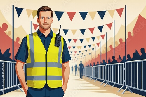 Festival zone marshal overseeing crowd flow at a lively outdoor event