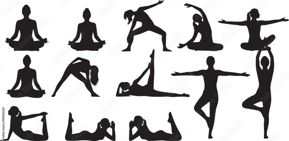 Obraz premium Celebrating yoga day diverse yoga poses silhouette collection for wellness and fitness