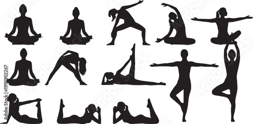 Celebrating yoga day diverse yoga poses silhouette collection for wellness and fitness