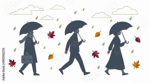 Silhouettes of people walking with umbrellas on a rainy autumn day