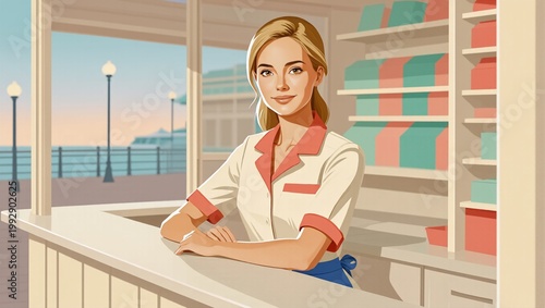 Friendly kiosk attendant standing at a seaside promenade counter in daylight