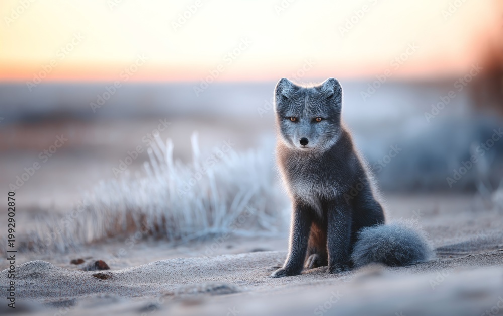 Fototapeta premium A Fox Sitting Gracefully on Frosty Terrain at Sunset with Thick Fur