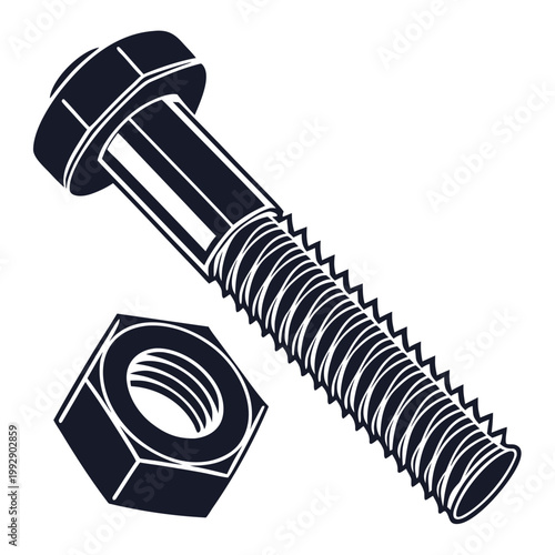 Industrial steel bolt and nut vector illustration, metallic screw fastener with threaded shank, heavy duty hardware equipment for construction repair.