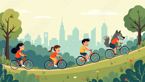 A cheerful illustration of a child enjoying a bike ride through a lush park. Perfect for content related to healthy lifestyles, outdoor activities, or