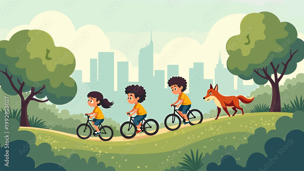 Naklejka premium A peaceful, stylized illustration of a forest edge. Ideal for children's books, background elements, or calming website designs. Creates a natural, we