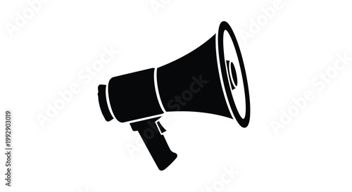 A stark black silhouette depicts a vintage style megaphone isolated on a plain white background high quality professional