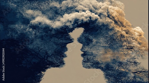 Surreal Dreamlike Double Exposure Silhouette of Faces Intertwined with Nature Art