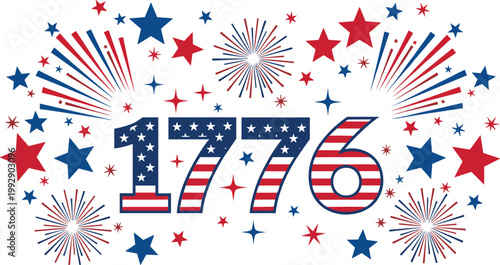 1776 USA patriotic typography with stars stripes and fireworks for Independence Day celebration banner vector illustration design