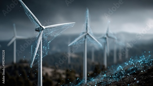 Digital Illustration of Wind Turbine with Network Connection and Dark Overcast Sky