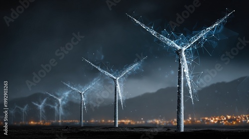 Digital Abstract Wind Turbine Farm Energy Source on Dark Night Landscape