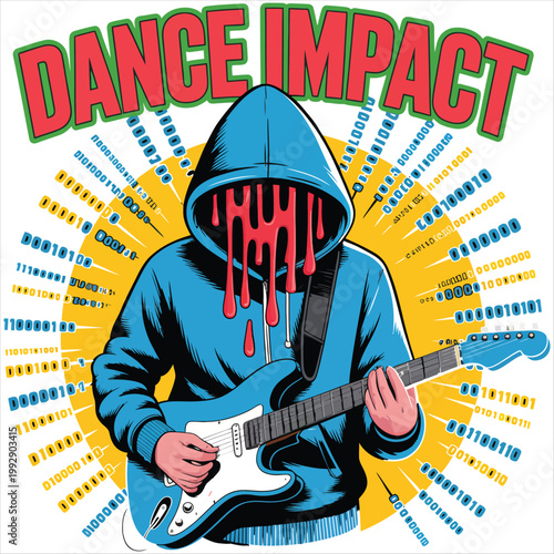 Hooded Figure Playing Guitar with Binary Code and Sunburst