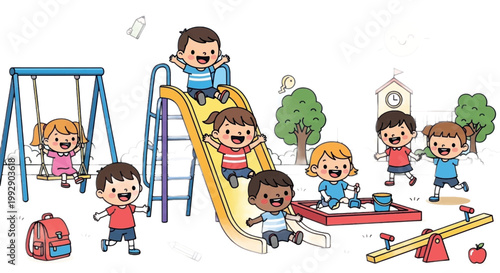 Playful kids playground, children playing outside, colorful illustration, kids activities