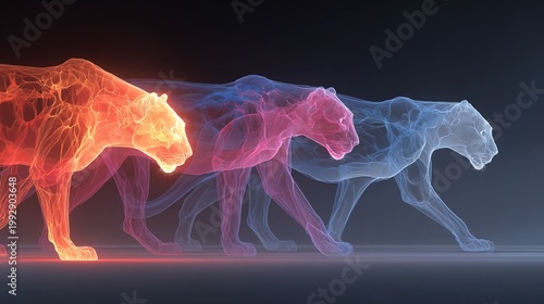 Artistic Transparent Jaguar in Multiple Colors Walking with Light Effect Illustration