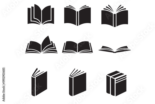 Minimalist book icon set, black silhouette open book symbols, collection of 9 education vector elements for library and school branding