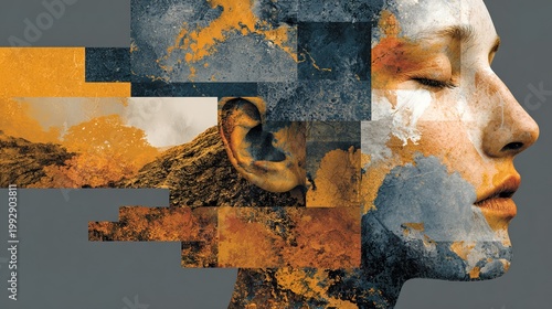 Abstract Creative Conceptual Woman Face Portrait with Geometric Mosaic Overlay