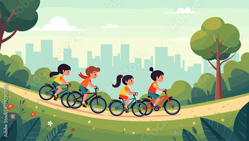 This cheerful illustration depicts a colorful meadow with prominent foliage and blossoms. Ideal for websites, spring promotions, or conveying a sense 