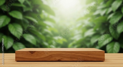 Wooden display platform against lush blurred foliage background with light
