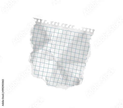 Isolated blue grid scrapbook torn corner of paper piece rip vector. Old wrinkled letter template with crumpled checkered copybook teture. Notebook illustration for school collage. Realistic paper tape