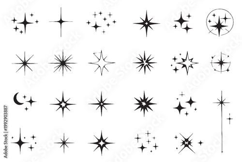 Sparkling star icons set, black celestial twinkle vector elements, 24 minimalist glowing sparkle symbols, decorative magic shine and glitter shapes