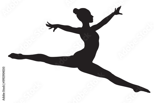 Gymnastics silhouette of female athlete jumping, rhythmic gymnast performing split leap vector, graceful dancer in mid-air motion on white background