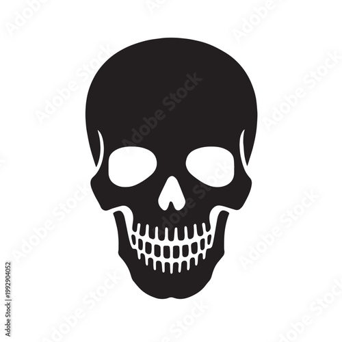Minimalist black skull vector icon, anatomical human cranium silhouette, gothic death symbol for halloween and heavy metal branding