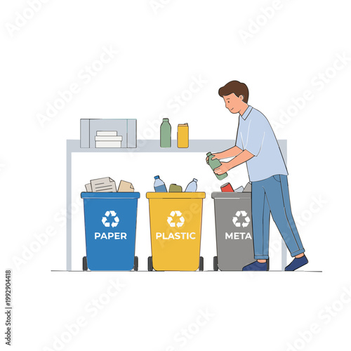 Man sorting recyclables into colored bins in an office setting.