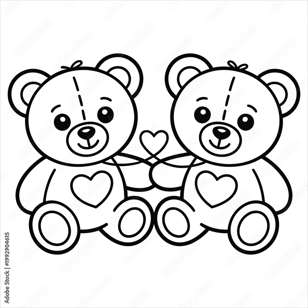 Fototapeta premium Two sitting teddy bears holding a heart, black and white line
