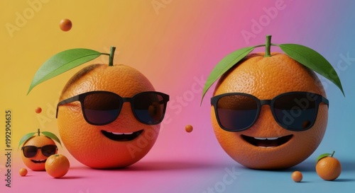 Animated oranges with sunglasses and cheerful expressions against a colorful backdrop
