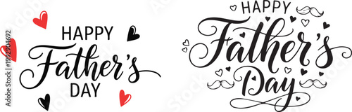 Happy father's day paired designs featuring script text and heart decorations in red and black
