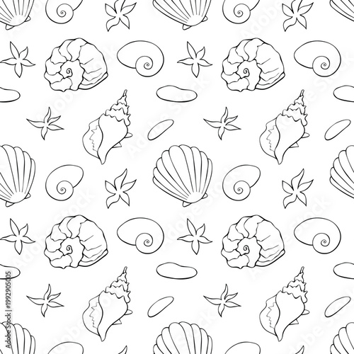 Outline Sea shells seamless pattern. Marine background with shellfishes, sinks, pebbles and starfishes. Beach holiday theme. Hand draw design for wrapping paper, wallpaper, coloring book