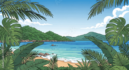 Tropical beach scene with palm trees and blue ocean water on sunny day