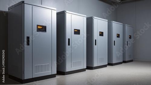 Row of UPS battery cabinets in a clean industrial power room interior