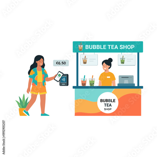 Woman buying bubble tea at a colorful shop with a girl serving