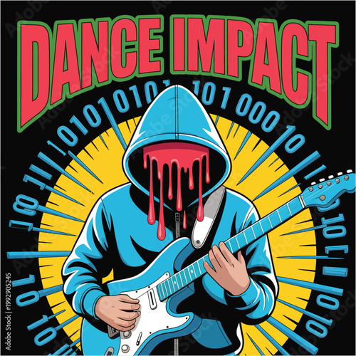 Dripping Face Musician with Electric Guitar and Binary Code